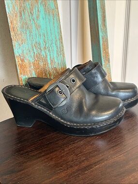 Born Black Leather Big Buckle Platform Clogs